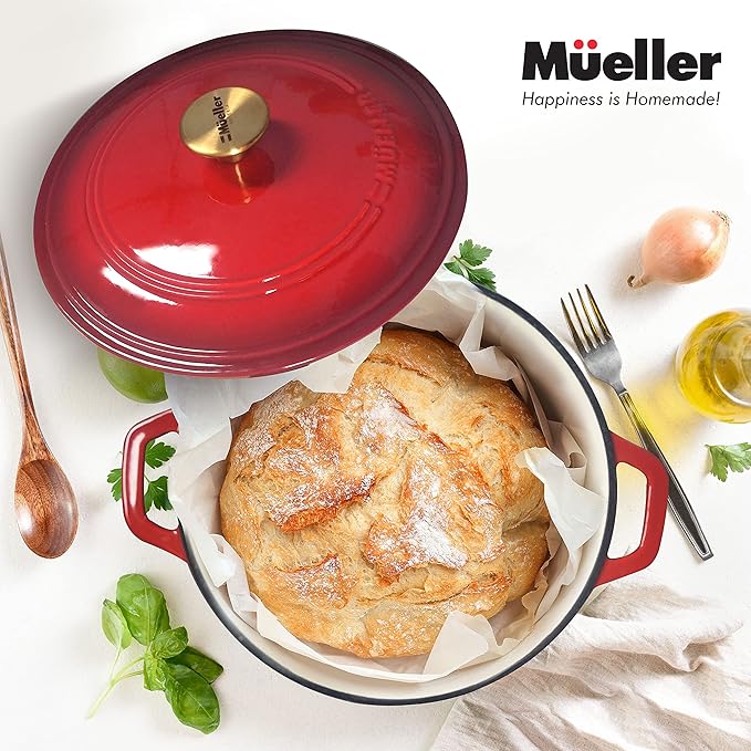 Mueller 6qt Enameled Cast Iron Dutch Oven, Heavy-Duty Casserole and Braiser Pan with Lid and Knob, Oven-Safe up to 500° F & Across All Cooktops, Red - Image 8