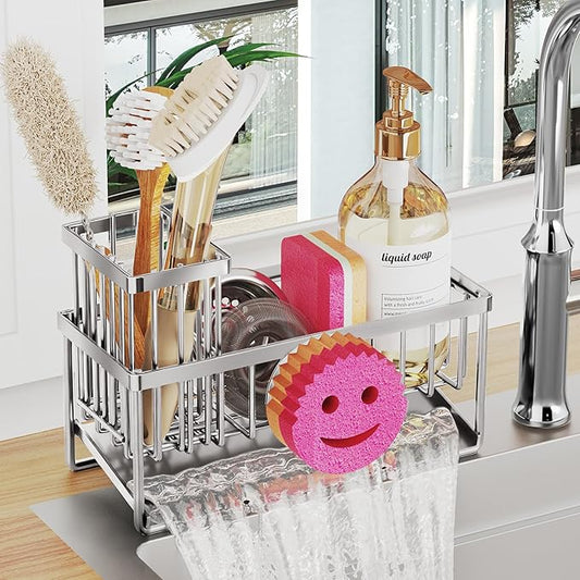 Sponge Holder for Kitchen Sink,Smiley Face Sink Caddy with Removable Brush Holder,Self-Draining Sponge Caddy for Soap,Dish Brush,Scrubber,Kitchen Essentials and Gadgets-Silver by Unknown