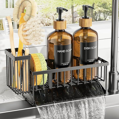 Cisily Kitchen Dish Soap Dispenser Set with 2 Pack 16.9oz Amber Glass Bottle and Sponge Holder, Dish Soap Dispensers with Adjustable Sponge Holder, Vintage Hand and Dish Soap Dispensers Set - Image 2
