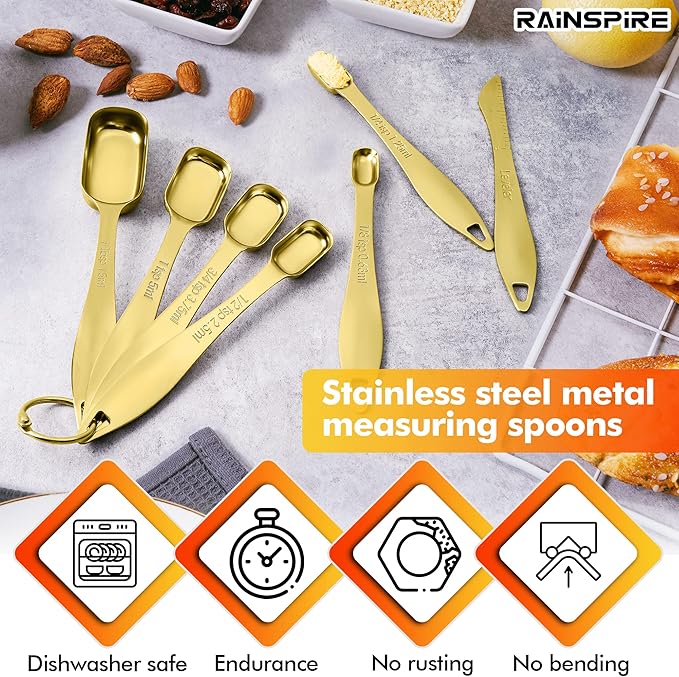 Rainspire Heavy Duty Measuring Spoons Set Stainless Steel, Metal Measuring Cups and Spoons Set for Dry or Liquid, Fits in Spice Jar, Home Gadgets Kitchen Gadgets, Set of 7 Including Leveler, Gold - Image 2