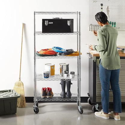 Amazon Basics 5-Shelf Adjustable, Heavy Duty Storage Shelving Unit on 4" Wheel Casters, Easy to Move Portable Wire Shelving, No Tools Needed for Easy Assembly, 30" x 14" x 64.8", Chrome