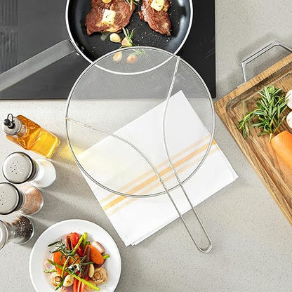 Restaurantware Splatter Screen 1 Count 13" Fine Mesh Cover Stainless Steel Splatter Guard with Resting Feet Cooking Protector for Frying Pan, Cooking Pots, Saute, Grease and Oil, Kitchen Tool