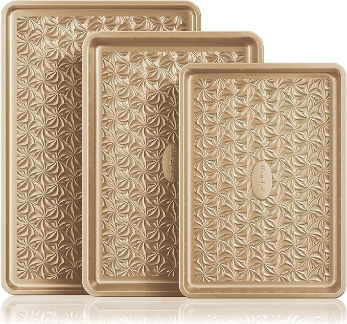 HONGBAKE Nonstick Baking Sheet Pan Set of 3, Cookie Sheets for Oven, Non-Toxic Half/Quarter/Jelly Roll Pans with Floral Swirl Texture, Heavy Duty 0.8mm Thick Oven Trays for Cooking, Antique Gold by HONGBAKE