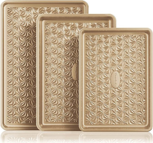 HONGBAKE Nonstick Baking Sheet Pan Set of 3, Cookie Sheets for Oven, Non-Toxic Half/Quarter/Jelly Roll Pans with Floral Swirl Texture, Heavy Duty 0.8mm Thick Oven Trays for Cooking, Antique Gold by HONGBAKE