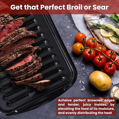 Broiler Pan for Oven Nonstick 16.75” x 13” Porcelain Nonstick Coated - Broiling Pan for Oven Withstands Heat up to 550° F - Heavy Duty Broil Pans and Rack Circulates Heat and Drains Fat (Black)