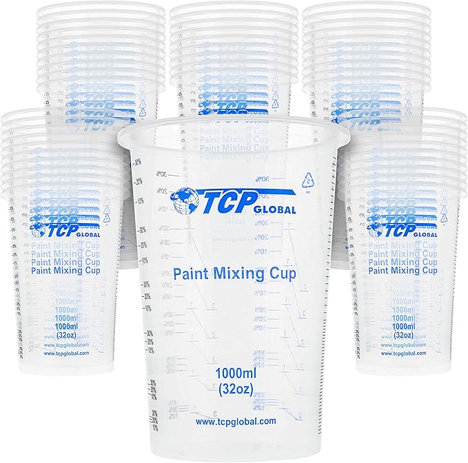 TCP Global 32 oz. (1000ml) Graduated Plastic Mixing Cups (Box of 50) - Disposable Plastic Measuring Cups for Liquids, Paints, Resin, Epoxy, Art, Kitchen - Ratios 2-1, 3-1, 4-1 ML by TCPGlobal