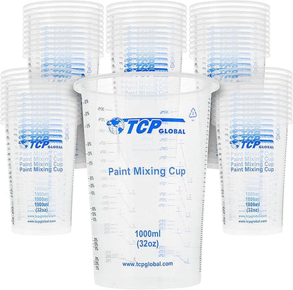 TCP Global 32 oz. (1000ml) Graduated Plastic Mixing Cups (Box of 50) - Disposable Plastic Measuring Cups for Liquids, Paints, Resin, Epoxy, Art, Kitchen - Ratios 2-1, 3-1, 4-1 ML by TCPGlobal