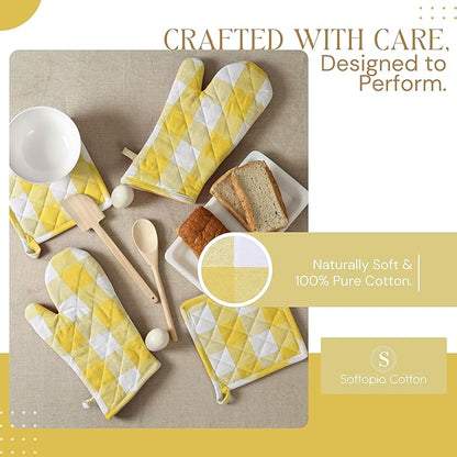Buffalo Plaid Check Oven Mitts and Pot Holders Set, 100% Cotton, Heat Resistant, 2 Oven Gloves 7x13 Inches and 2 Hot Pads 8x8 Inches for Cooking and Baking, Lemon Yellow White