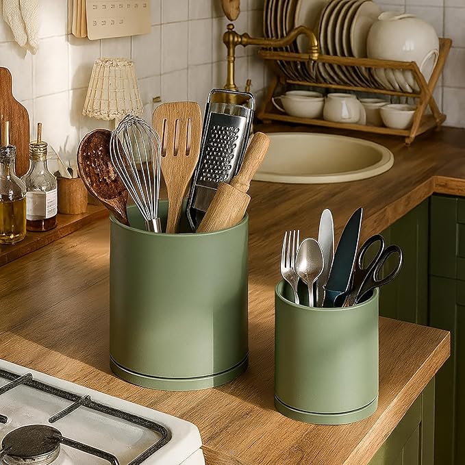D'vine Dev 360° Rotating Utensil Holder Set – 7.2"+5" Kitchen Utensil Crocks for Countertop, Modern Cooking Tool Organizers for Kitchen Storage +Décor, Olive, Set of 2, 72-Z-C-1 - Image 6