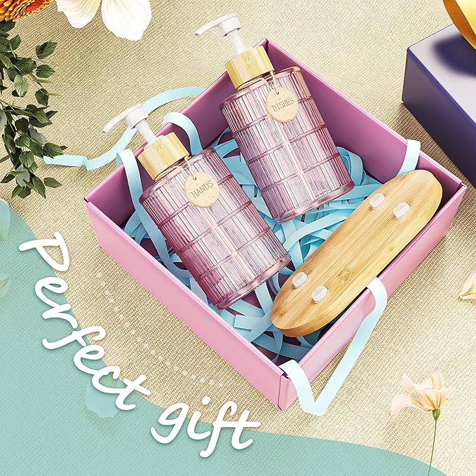 MASADI Soap Dispenser Set with Bamboo Tray, Dish and Hand Soap Lotion Dispenser Set with Wooden Pump for Kitchen and Bathroom Decor for Counter, Modern Vintage Liquid Soap Dispensers (Pink&Bamboo) - Image 7