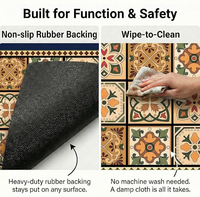 Boho Dish Drying Mat for Kitchen Counter - Super Absorbent Faux Leather Kitchen Mat, Quick Dry & Non-Slip Countertop Protector, Aesthetic Bohemian Decor for Coffee Bar (17"x31.5", Blue)