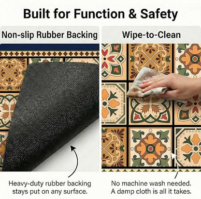 Boho Dish Drying Mat for Kitchen Counter - Super Absorbent Faux Leather Kitchen Mat, Quick Dry & Non-Slip Countertop Protector, Aesthetic Bohemian Decor for Coffee Bar (16"x21", Blue)