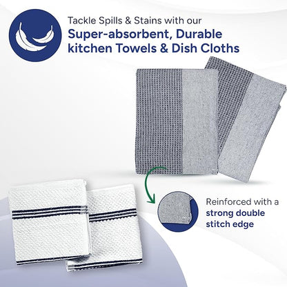 Casa Platino Mini Oven Mitts Set, 8-Piece – 500°F Heat Resistant Silicone Oven Mitt, Potholders for Kitchens, 2 Kitchen Towels & 2 Dish Cloths – Non-Slip & Durable – Indigo