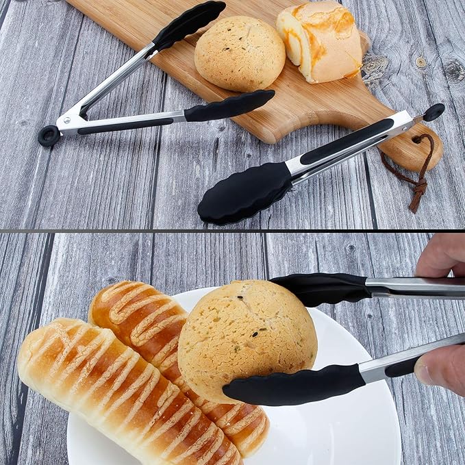 MSY BIGSUNNY Kitchen Food Tongs - 7" Mini Silicone Serving Tongs for Appetizers - Set of 3 (Black White Gray)