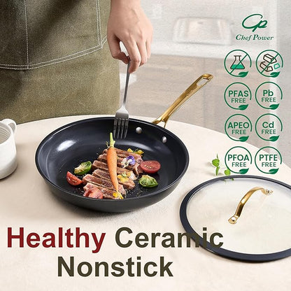 Chef Power Ceramic Cookware Sets, 10Pcs Pots and Pans Set Non Stick, Cookware Set with Stainless Steel Handle, Dishwasher & Oven Safe, Stone Black and Light Gold Handle
