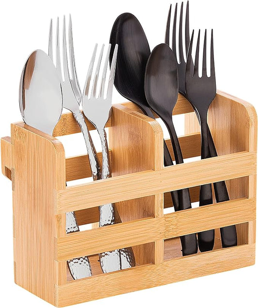 Bamboo Utensil Holder for Dish Rack - Flatware, Cutlery & Utensil Drying Caddy with Hooks - Fits BAMBUSI Bamboo Dish Drying Racks by Bamb%C3%BCsi