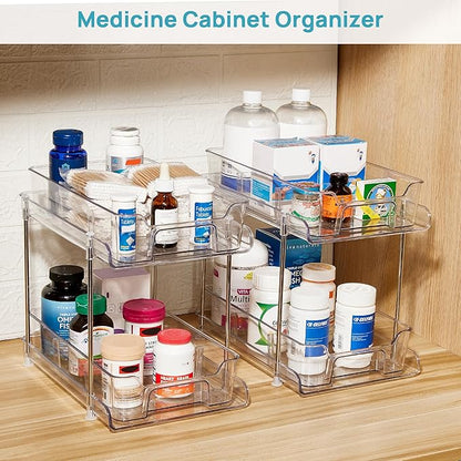 Vtopmart 4 Pack 2 Tier Bathroom Under Sink Organizers and Storage, Clear Kitchen Pantry Organization, Pull Out Medicine Cabinet Organizer with Movable Dividers - Image 7