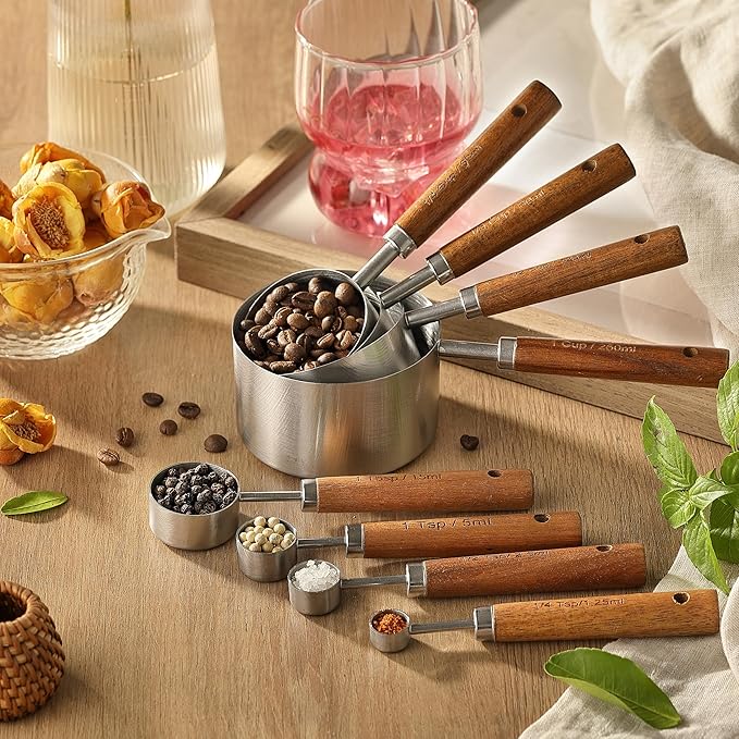 8PCS Measuring Cups, DAJLFA Stainless Steel Measuring Cups and Spoons Set with Ergonomic Wooden Handle for Cooking & Baking - Image 9