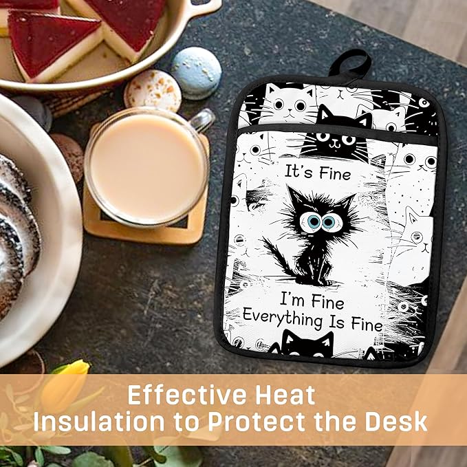 Funny Black Cat Pot Holders with Pockets Set of 2, It's Fine Sarcastic Cat Oven Pot Holders Heat Resistant Oven Mitts Hot Pads for Kitchen Baking Cooking