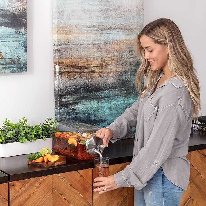 Le'raze 1.5-Gallon Glass Beverage Dispenser - Modern, Clear & Stainless Steel - Gravity Dispenser with Stainless Steel Spigot