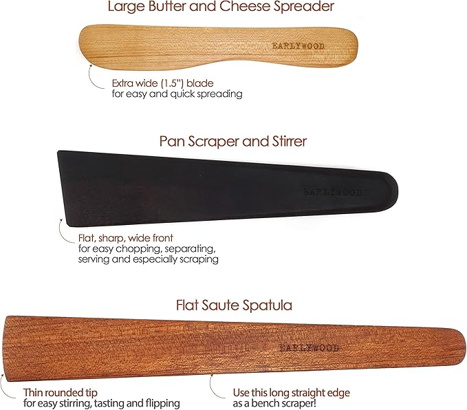 3-Piece Wooden Kitchen Cooking Utensil Set - Comes w/a Thin Wood Spatula Flipper, Cast Iron Scraper Stirrer and Butter Turner/Cheese Spreader - Wooden Utensils Set - Made in USA-JEM