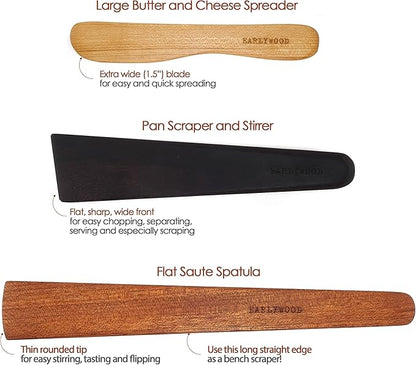 3-Piece Wooden Kitchen Cooking Utensil Set - Comes w/a Thin Wood Spatula Flipper, Cast Iron Scraper Stirrer and Butter Turner/Cheese Spreader - Wooden Utensils Set - Made in USA-JEM