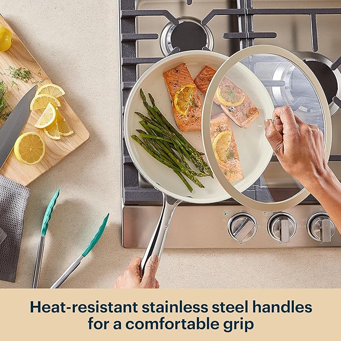 Pyrex 10.8-Inch Deep Fry Pan Ceramic Cookware with Lid & Stainless Steel Handles, Healthy Nonstick Ceramic Coating, Induction Compatible Stainless Steel, PFAS Lead Cadmium BPA Free