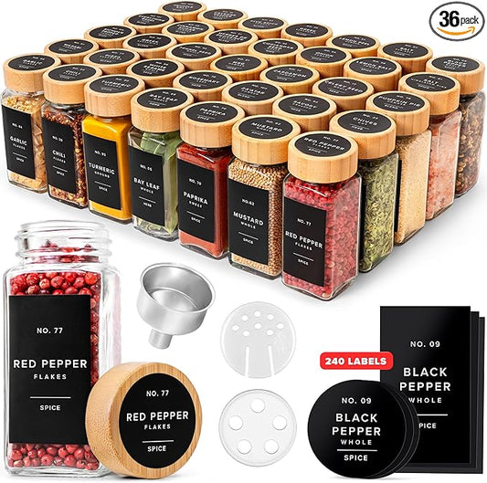 EDELHAUS® Square Spice Jars with Bamboo Wooden Lid (Pack of 36) Spice Jars with Shaker Insert and 240 Labels - Bamboo Lid Glass Container for Spice Organisation [4.3 in × 1.8 in] by EDELHAUS