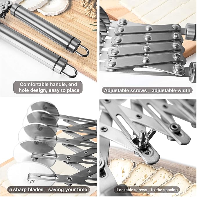 Star Brand Pastry Cutter with Grinder Spaghetti Dough Roller Knife Stainless Steel Pizza Slicer Pasta Wheeling Attice Roller Adjustable Dough Divider with Handle