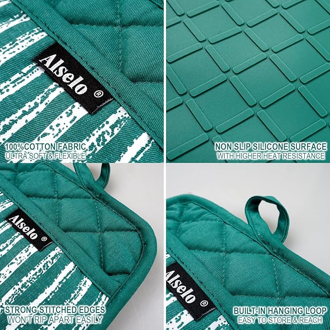 Alselo Silicone Pot Holders Set of 3 Heat Resistant & Non Slip Potholders, Professional Oven Hot Pads with Pockets Mitts for Kitchen Cooking Baking Barbecue (Emerald Green, 3) - Image 3