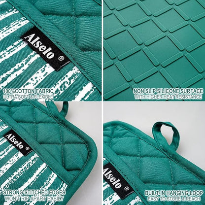 Alselo Silicone Pot Holders Set of 3 Heat Resistant & Non Slip Potholders, Professional Oven Hot Pads with Pockets Mitts for Kitchen Cooking Baking Barbecue (Emerald Green, 3) - Image 3