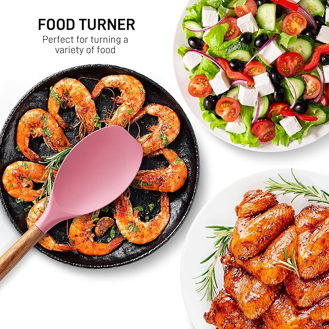 Zulay Kitchen Non-Stick Cooking Utensils Set with Authentic Acacia Wood Handles – 5-Piece Durable & Stylish Silicone Kitchen Utensils Set – Heat Resistant to 464°F – Pink - Image 6