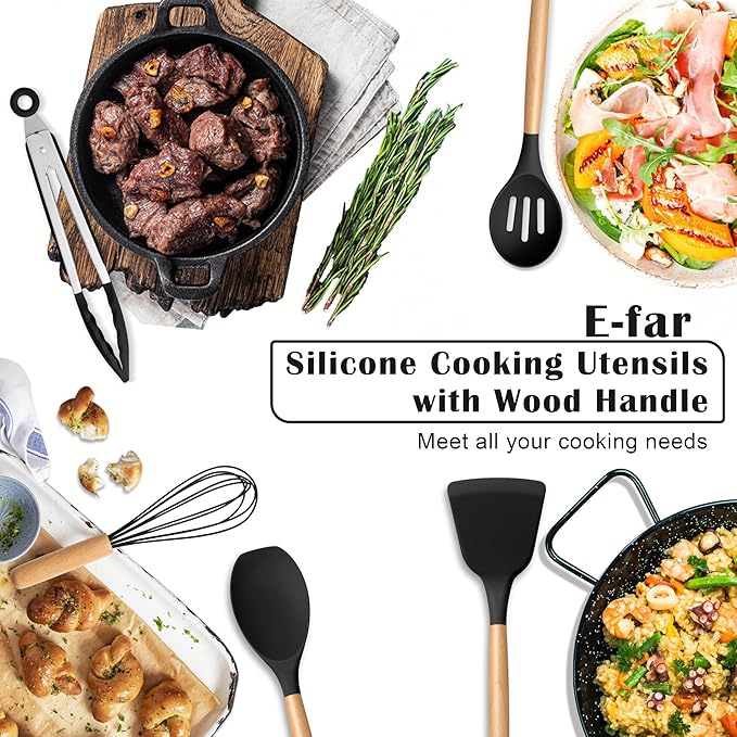 E-far Silicone Cooking Utensils Set, 10-Piece Black Kitchen Utensils Set with Wooden Handle for Nonstick Cookware, Heat Resistant Kitchen Nonstick Tools Spatula Whisk Tongs Ladle, Non-toxic & Healthy - Image 7
