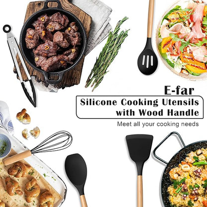E-far Silicone Cooking Utensils Set, 10-Piece Black Kitchen Utensils Set with Wooden Handle for Nonstick Cookware, Heat Resistant Kitchen Nonstick Tools Spatula Whisk Tongs Ladle, Non-toxic & Healthy - Image 7