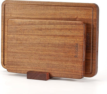 Solid Teak Wood Cutting Board Set One Piece Non Glued Large Thick Crack Resistant Wooden Chopping Board with DeepJuice Grooves Built in Handles for Kitchen Meat Vegetable 14x9.5 IN &11X7 IN