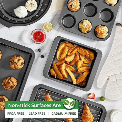 HONGBAKE Bakeware Sets, Baking Pans Set with Kitchen Oven Mitts, Nonstick Oven Pan for Kitchen with Wider Grips, 12-Piece Including Rack, Cookie Sheet, Cake Pans, Loaf Pan, Muffin Pizza Pan - Image 5