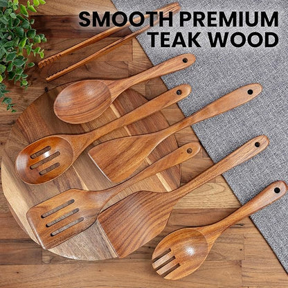 Zulay Kitchen Teak Wood Utensil Set – 7 Piece Wooden Cooking Utensils – Slotted Spoon, Bowl Scraper, Solid & Slotted Turner, Salad Spoon, Fork & Tongs – Durable, Nonstick Safe & Smooth Finish - Image 3