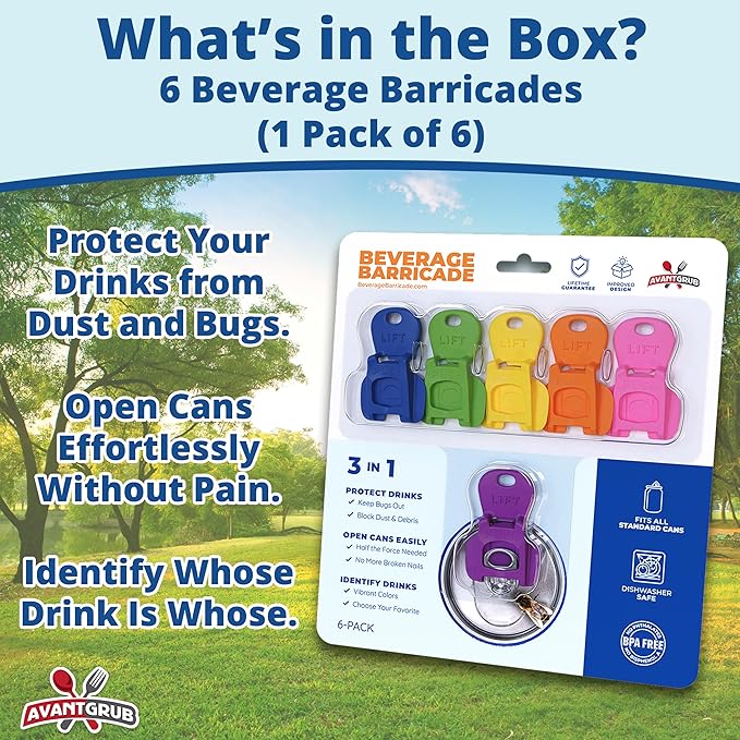 Complete Cover Easy Tab Opener New and Improved 6PK Beverage Barricade 2.0 by Avant Grub. Colorful Drink Can Protector Cap for Soda, Beer, Coke Shields From Bugs, Bees, Dust at the Party, BBQ, Beach - Image 7