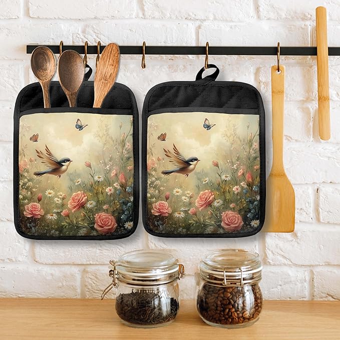 Rustic Floral Bird Pot Holders with Pockets, Cottagecore Wildflower Butterfly Oven Pot Holders Heat Resistant Oven Mitts Hot Pads for Kitchen Baking Cooking