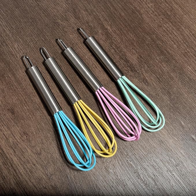 Mini Whisks 6 inch 4Pcs silica gel stainless steel Whisk, Hand Egg Mixer for Flour Cake Egg, Kitchen Cooking Baking Use Whisk （purple，yellow，cyan，blue） - Image 6