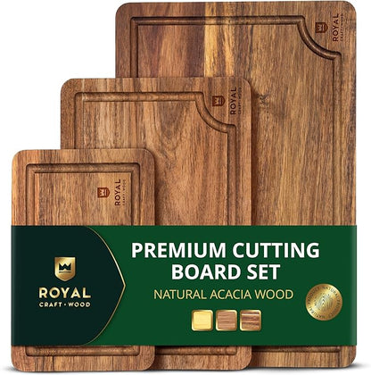 ROYAL CRAFT WOOD Wooden Cutting Boards for Kitchen Meal Prep & Serving - Bamboo Wood Serving Board Set with Deep Juice Groove Side Handles - Charcuterie & Chopping Butcher Block for Meat by RoyalCraftWood