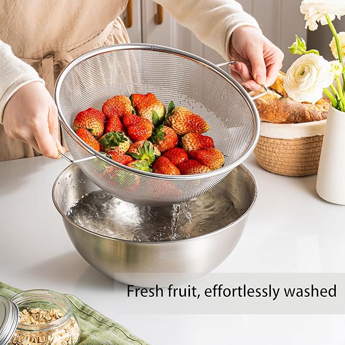 304 Stainless Steel Kitchen Colander Set, 3.5QT Colander with Handle and Bowl, 40 Mesh Fine Strainer, Fast Draining for Rice, Pasta, Fruits & Vegetables, Dishwasher Safe