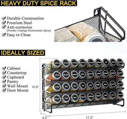 SpaceAid Spice Rack Organizer with 36 Spice Jars, 386 Spice Labels, Chalk Marker and Funnel Set for Cabinet, Countertop, Pantry, Cupboard or Door & Wall Mount - 36 Jars, 17.2" W × 10.8" H, Black - Image 4