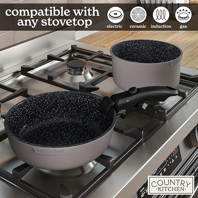 Country Kitchen Cookware Set with Removable Handle, Oven & RV Safe Pots and Pans Set, Grey/Black, Original - Image 6