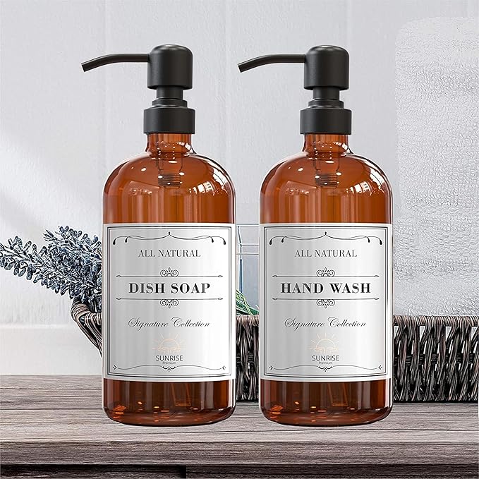 Sunrise Premium 4 Pack Amber Glass Soap Dispenser 16 OZ with Matte Black Stainless Steel Pump, Hand and Dish Soap Dispenser Set for Bathroom and Kitchen Sink with 12 Waterproof Labels - Image 6