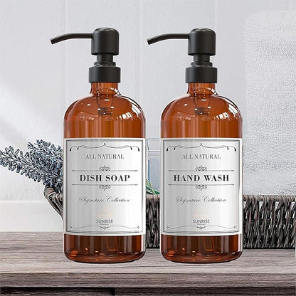Sunrise Premium 4 Pack Amber Glass Soap Dispenser 16 OZ with Matte Black Stainless Steel Pump, Hand and Dish Soap Dispenser Set for Bathroom and Kitchen Sink with 12 Waterproof Labels - Image 6