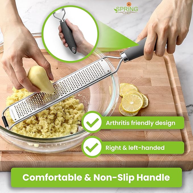 Spring Chef Stainless Steel Lemon Zester Grater with Handle - Garlic, Cheese, Parmesan, Nutmeg, Lime, Ginger Grater - Heavy Duty Kitchen Tool - Citrus Zester with Blade Cover - Fine Shred - Gray