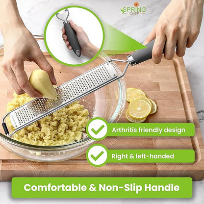 Spring Chef Stainless Steel Lemon Zester Grater with Handle - Garlic, Cheese, Parmesan, Nutmeg, Lime, Ginger Grater - Heavy Duty Kitchen Tool - Citrus Zester with Blade Cover - Fine Shred - Gray
