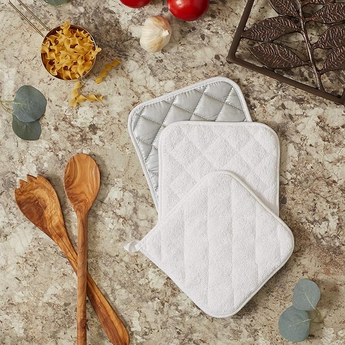 DII Basic Terry Collection Quilted 100% Cotton, Potholder, White, 3 Piece - Image 3