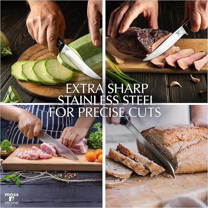 Moss & Stone 14 Pcs Knife Block Set Stainless Steel, Premium Forged Kitchen Knives Set with High-Carbon Blades, Ergonomic Handle, Sharp Blade, Rust Resistant, Modern Style for Home & Chef, Black - Image 7